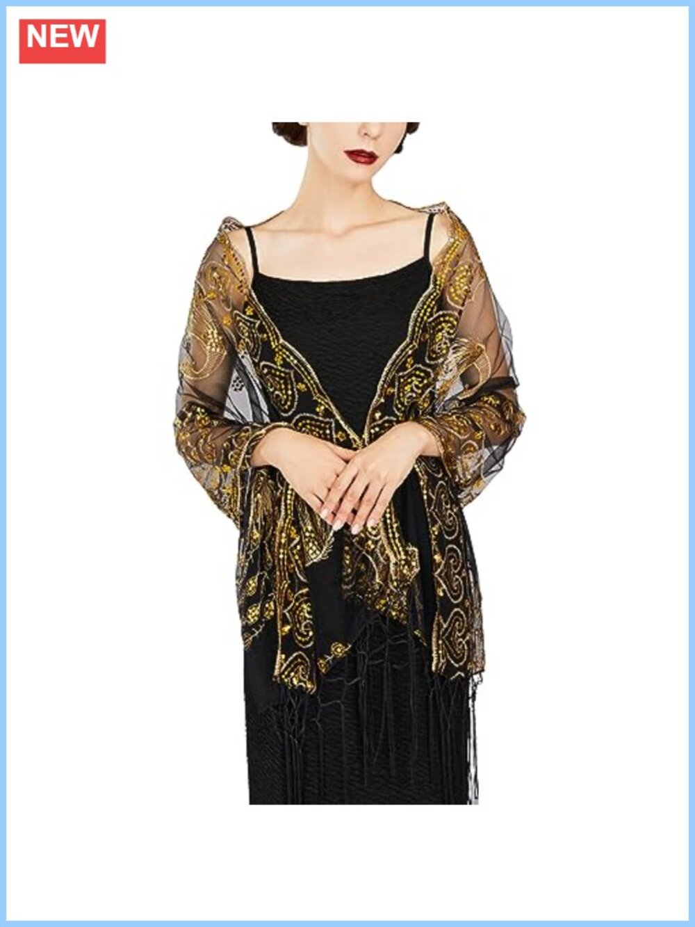 SWEETV Women's 1920s Sequin Evening Shawl Wrap Mesh Tassel Fringe Formal Party